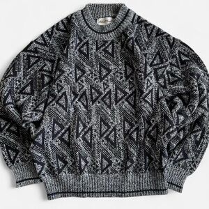 Vintage Michael Gerald Gray Black Retro Geometric Acrylic Knit Grandpa Sweater